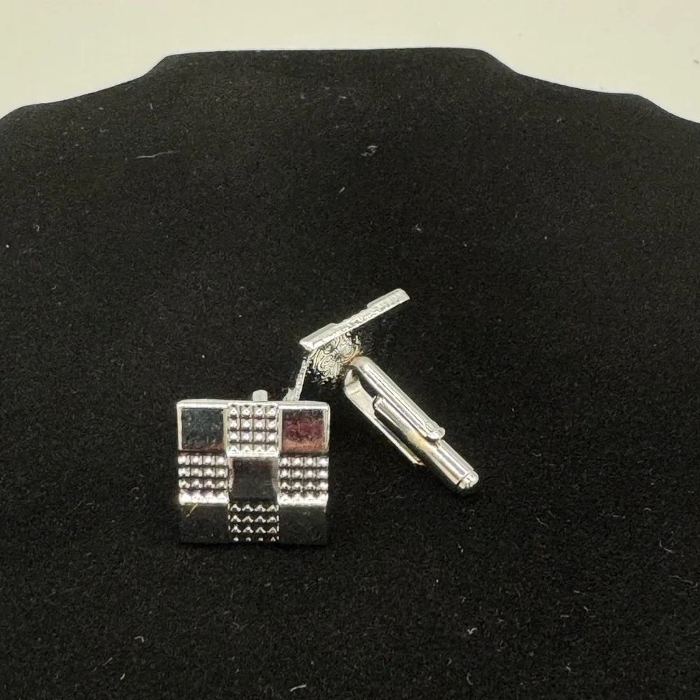 Silver Tone Checkerboard Square Cufflinks – Classic Bullet Back